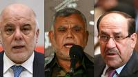 De g. à d., le Premier ministre sortant irakien Haider al-Abadi à Tokyo le 5 avril 2018, Hadi al-Ameri, dirigeant au sein du Hachd al-Chaabi, le 5 octobre 2015 à Najaf, et l'ancien Premier ministre Nouri al-Maliki à Bagdad le 8 septembre 2014 [Kazuhiro NOGI, HAIDAR HAMDANI, HADI MIZBAN / AFP]