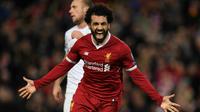 L'attaquant égyptien de Liverpool Mohamed Salah vient de marquer contre le Spartak Moscou en Ligue des champions, le 6 décembre 2017 à Liverpool [Paul ELLIS / AFP/Archives]