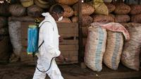 Un employé municipal désinfecte un marché d'Antananarivo le 10 octobre 2017 pour lutter contre la peste qui a déjà fait 74 morts à Madagascar. [RIJASOLO / AFP/Archives]