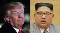 Montage réalisé le 30 novembre 2017 de portraits du président américain Donald Trump et du dictateur nord-coréen Kim Jong-Un. [KCNA via KNS, Nicholas KAMM / KCNA VIA KNS/AFP]
