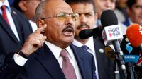 L'ancien président yéménite Ali Abdallah Saleh prononce un discours pour le 35e anniversaire de son parti politique, le 24 août 2017 à Sanaa [MOHAMMED HUWAIS / AFP/Archives]