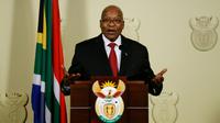 Le président sud-africain Jacob Zuma, annonçant sa démission au cours d'une conférence de presse le 14 février 2018 à Pretoria. [Phill Magakoe / AFP]