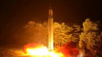 Photo fournie le 29 juillet 2017 par l'agence nord-coréenne montrant le tir d'un missile Hwasong-14 depuis un lieu non précisé [- / KCNA VIS KNS/AFP/Archives]