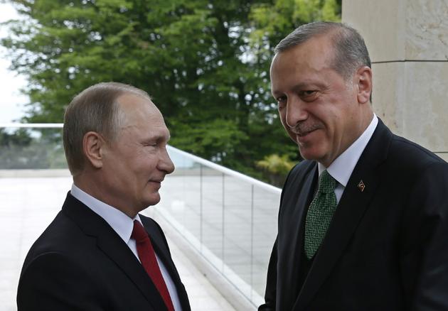 Le président russe Vladimir Poutine (G) accueille son homologue turc Recep Tayyip Erdogan à Sotchi, le 3 mai 2017 [Yuri KOCHETKOV / POOL/AFP]