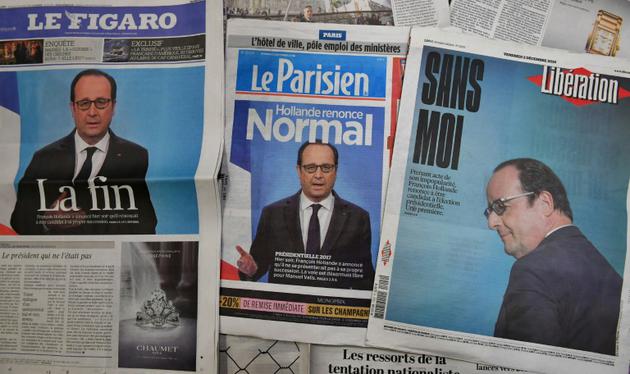 Les Unes de trois quotidiens français au lendemain du renoncement de François Hollande de se présenter à sa propre succession à l'Elysée, le 2 décembre 2016 [OLIVIER MORIN / AFP/Archives]
