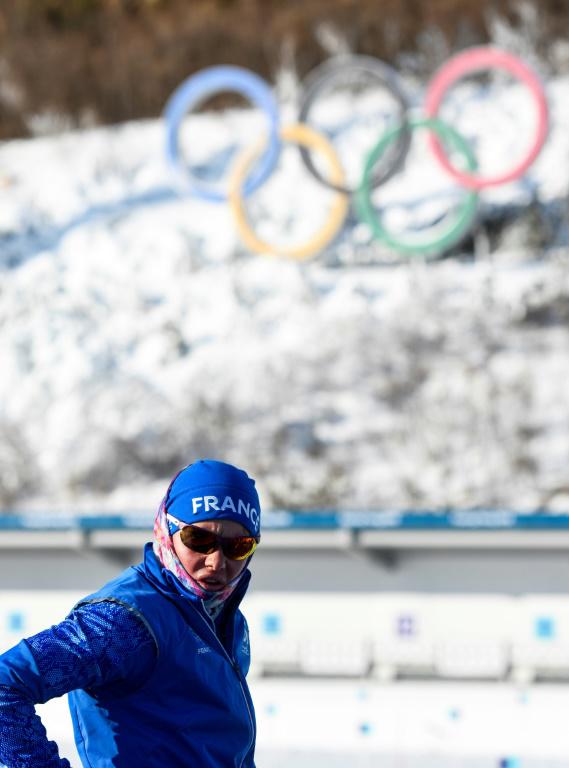 La biathlète Marie Dorin lors d'une séance d'entraînement avant les Jeux d'hiver, le 6 février 2018 à Pyeongchang [Jonathan NACKSTRAND / AFP]