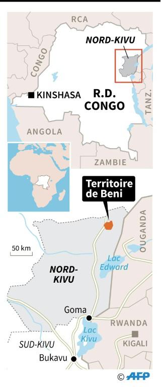 Carte de la République démocratique du Congo localisant le territoire de Beni dans le Nord-Kivu où 14 Casques bleus de la Monusco ont été tués et des dizaines blessés lors d'affrontements jeudi [P.Pizarro, J.Jacobsen / AFP]