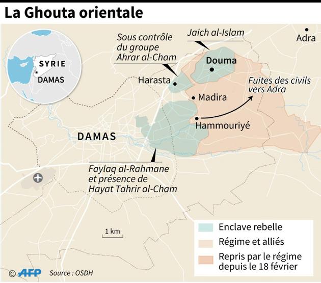 Carte de l'avancée des forces syriennes dans la Ghouta orientale au 16 mars [Omar KAMAL / AFP]