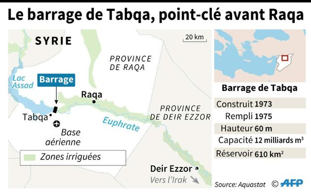 Localisation et description du barrage de Tabqa en Syrie  [Jonathan JACOBSEN, Kun TIAN / AFP]