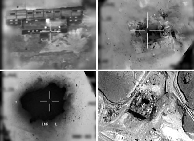 Combinaison de photos créée le 20 mars 2018 à partir d'images fournies par l'armée israélienne montrant, d'après elle, une vue aérienne d'un site nucléaire syrien lors d'un bombardement [- / Israeli Army/AFP]