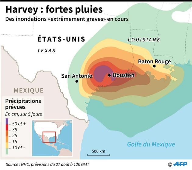 Précipitations prévues liées à la tempête tropicale Harvey aux Etats-Unis. [Iris ROYER DE VERICOURT / AFP]
