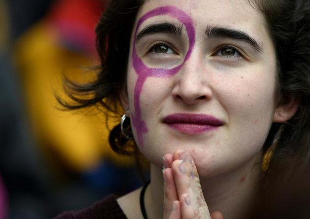 Une manifestante à Barcelone, le 8 mars 2018 [LLUIS GENE                           / AFP]