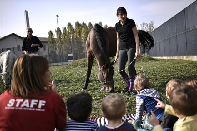 Les enfants écoutent une présentation sur le cheval organisée à la crèche de la prison de Bollate, le 12 octobre 2017 à Milan [MARCO BERTORELLO / AFP]