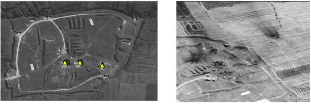 Photos fournies par le département américain de la Défense et présentées comme celles d'un site de stockage d'armes chimiques en Syrie avant et après un bombardement des Occidentaux, le 14 avril 2018 [Jose ROMERO / US Department of Defense/AFP]