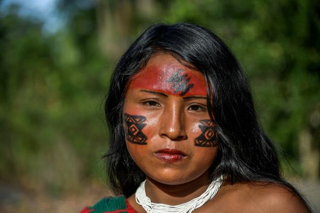 Sykyry Waiapi, une Indienne de la tribu des Waiapi en Amazonie, dont tous les membres enduisent leur peau de peintures naturelles censées avoir des vertus protectrices, le 14 octobre 2017 [Apu Gomes / AFP]