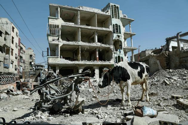 Bâtiment éventré à Douma, principale ville de la Ghouta orientale, près de Damas, le 12 mars 2018 [HASAN MOHAMED / AFP]