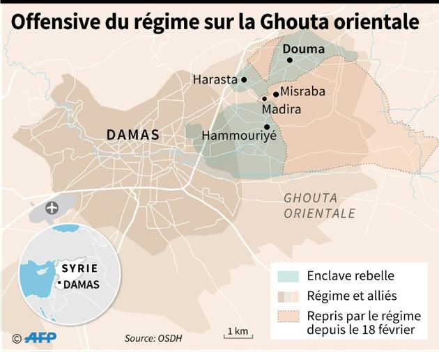 Localisation des zones de contrôle à Damas et dans la Ghouta orientale au 11 mars [Gillian HANDYSIDE / AFP]