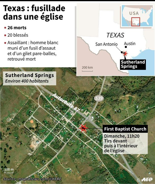 Localisation de la fusillade dans une église au Texas dimanche. [Paz PIZARRO / AFP]