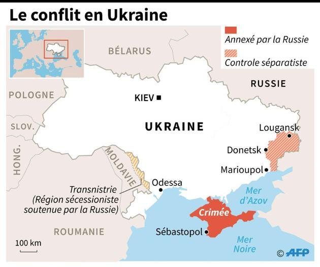 Carte de l'Ukraine avec zones contrôlées par les séparatistes et Crimée annexée par la Russie  [Jochen GEBAUER, Jonathan JACOBSEN / AFP]