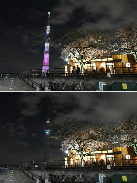 La tour de radiodiffusion Skytree de Tokyo éclairée puis éteinte le 24 mars 2018 à l'occasion d'Earth Hour. [Toshifumi KITAMURA / AFP]
