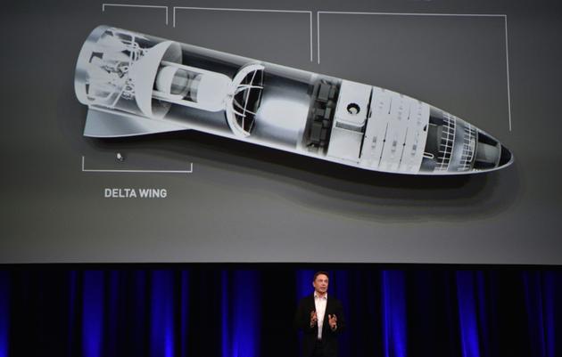 Elon Musk devant une image de sa nouvelle fusée au congrès mondial d'astronautique à Adélaïde le 29 septembre 2017 [PETER PARKS / AFP]