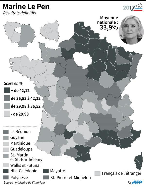 Second tour : score de Marine Le Pen par département [Laurence SAUBADU, Jules BONNARD / AFP]