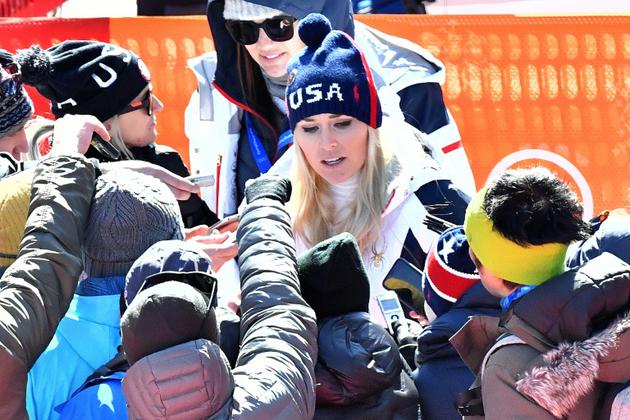 L'Américaine Lindsey Vonn après le Super-G des Jeux olympiques, le 17 février 2018 à Pyeongchang [Dimitar DILKOFF / AFP]