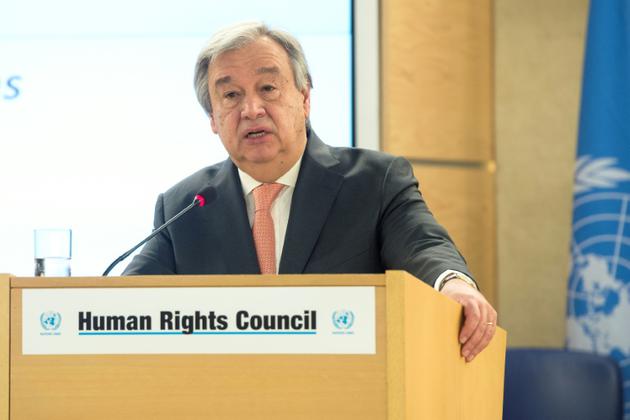 Le secrétaire général de l'ONU Antonio Guterres devant le Conseil des droits de l'homme, le 26 février 2018 à Genève [Jean-Guy PYTHON / AFP]