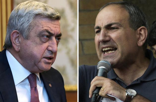 A gauche, l'ex-président et nouveau Premier ministre Serge Sarkissian, le 4 mars 2016, et à droite le leader de la contestation Nikol Pashinian, le 22 juillet 2016 [KAREN MINASYAN / AFP]