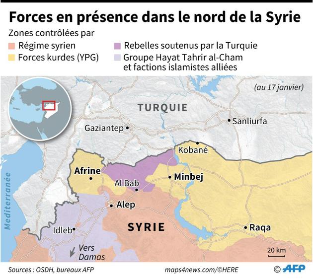 Forces en présence dans le nord de la Syrie [Thomas SAINT-CRICQ, Sophie RAMIS, Simon MALFATTO, Laurence SAUBADU / AFP]