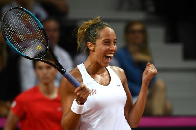 L'Américaine Madison Keys scelle la victoire des Etats-Unis face à la France en demi-finale de Fed Cup, le 22 avril 2018 à Aix-en-Provence  [Boris HORVAT / AFP]