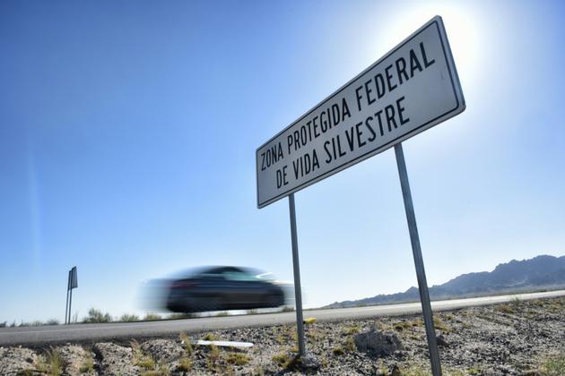 Un panneau indique une "zone fédérale protégée de faune sauvage" dans le désert d'Altar, près de Sonoyta, à la frontière entre le Mexique et les Etats-Unis, le 27 mars 2017 [PEDRO PARDO / AFP]