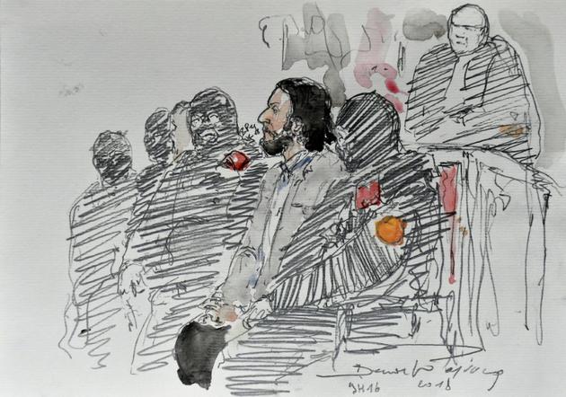 Un croquis d'audience  représente Salah Abdeslam, attendant le début de son procès au Palais de Justice de Bruxelles, le 5 février 2018 [Benoit PEYRUCQ / AFP/Archives]