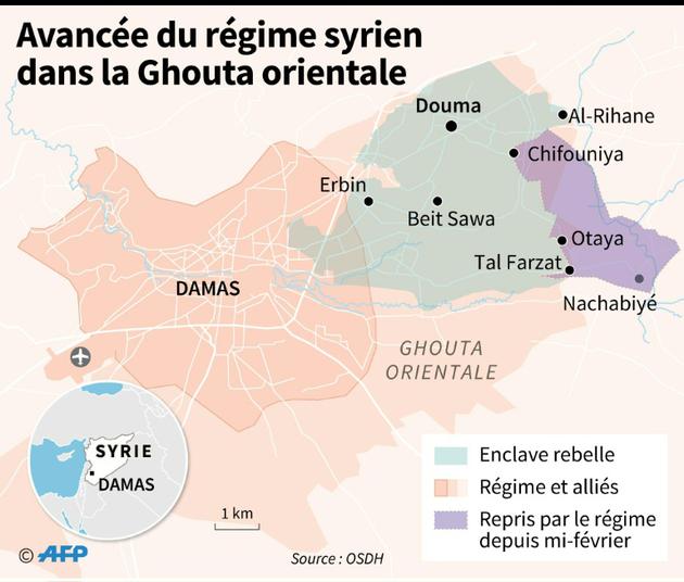 Carte de la Ghouta orientale et de l'enclave rebelle, dont un quart a été repris par le régime syrien. [Gillian HANDYSIDE / AFP]