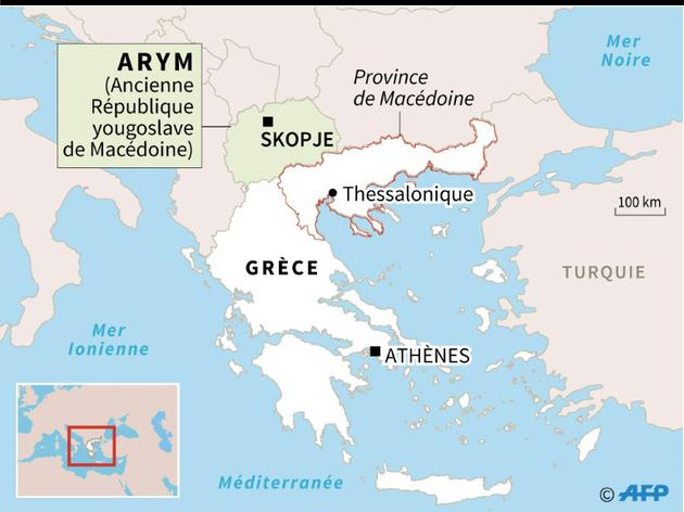 Carte de localisation de la province de Macédoine en Grèce et de l'ancienne République yougoslave de Macédoine [Kun TIAN / AFP]