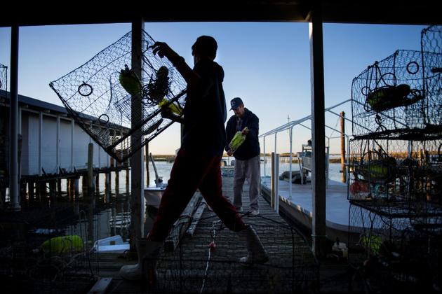 Le port de Tangier, poumon économique de ces familles vivant de la pêche au crabe, est aujourd'hui directement menacé par l'érosion [JIM WATSON / AFP]