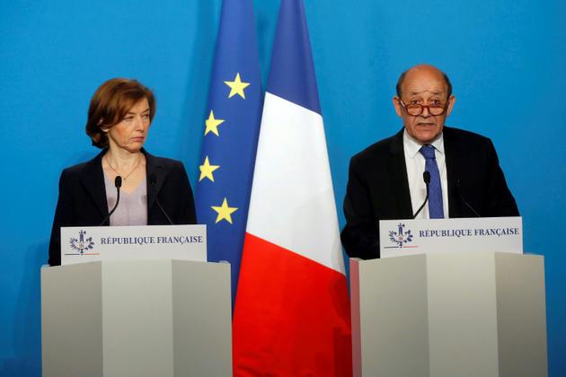 La ministre des Armées Florence Parly et le ministre des Affaires étrangères Jean-Yves Le Drian le 14 avril 2018 à Paris [Michel Euler / POOL/AFP]