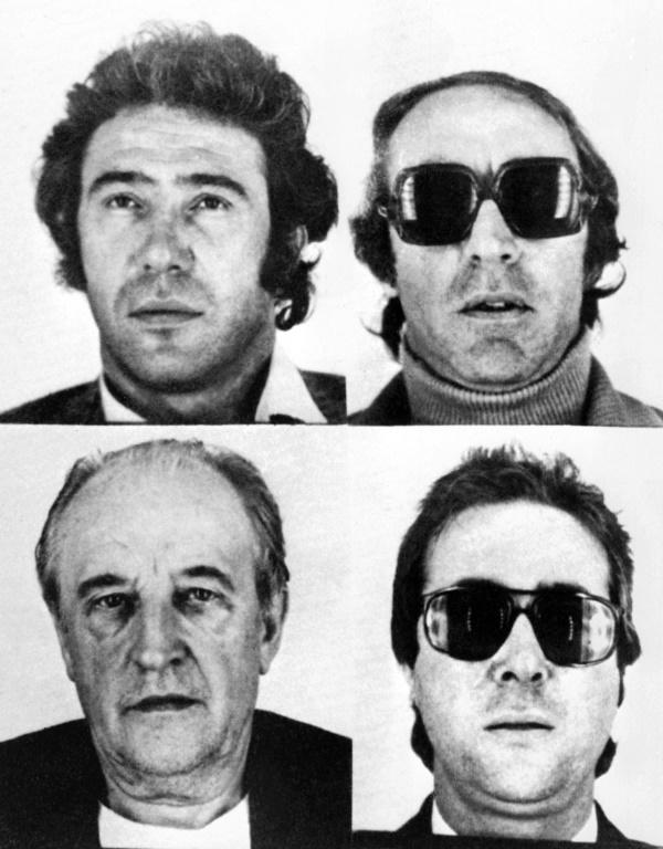 Photo montage datant du 27 octobre 1976 (G à D):  Alain Bournat, Francis Pellegrin, Alfred Aimar et  Homer Filippi, quatre des cambrioleurs qui ont participé au "Casse du siècle" de la Société Générale à Nice le 17 juillet 1976 [- / AFP/Archives]